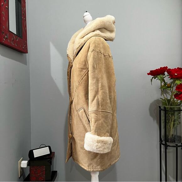 VINTAGE Charles Klein Suede Sherpa Hooded Longline Whipstitch Winter Car Coat XS - Picture 5 of 16